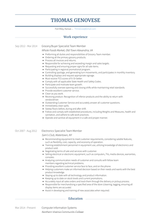 Grocery/Buyer Specialist Team Member Resume Sample and Template