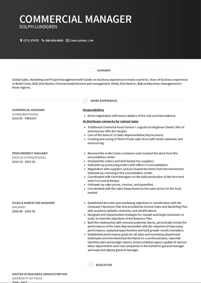 Commercial Manager Resume Sample and Template