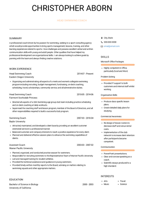 Head Swimming Coach Resume Sample and Template
