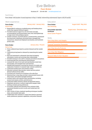 Pawn Broker Resume Sample and Template