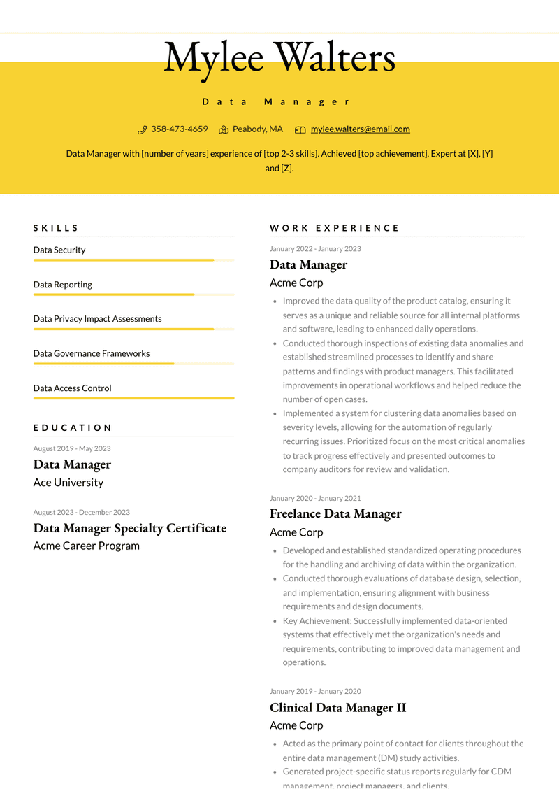 Data Manager Resume Sample and Template