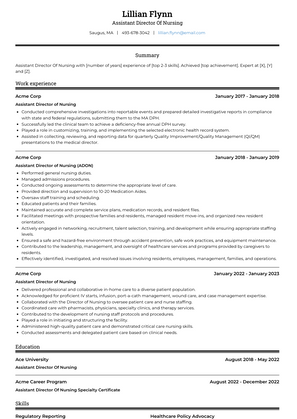 Assistant Director Of Nursing Resume Sample and Template