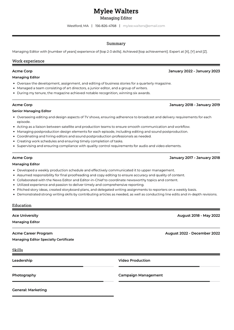 Managing Editor Resume Sample and Template