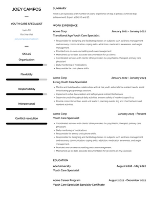 Youth Care Specialist Resume Sample and Template