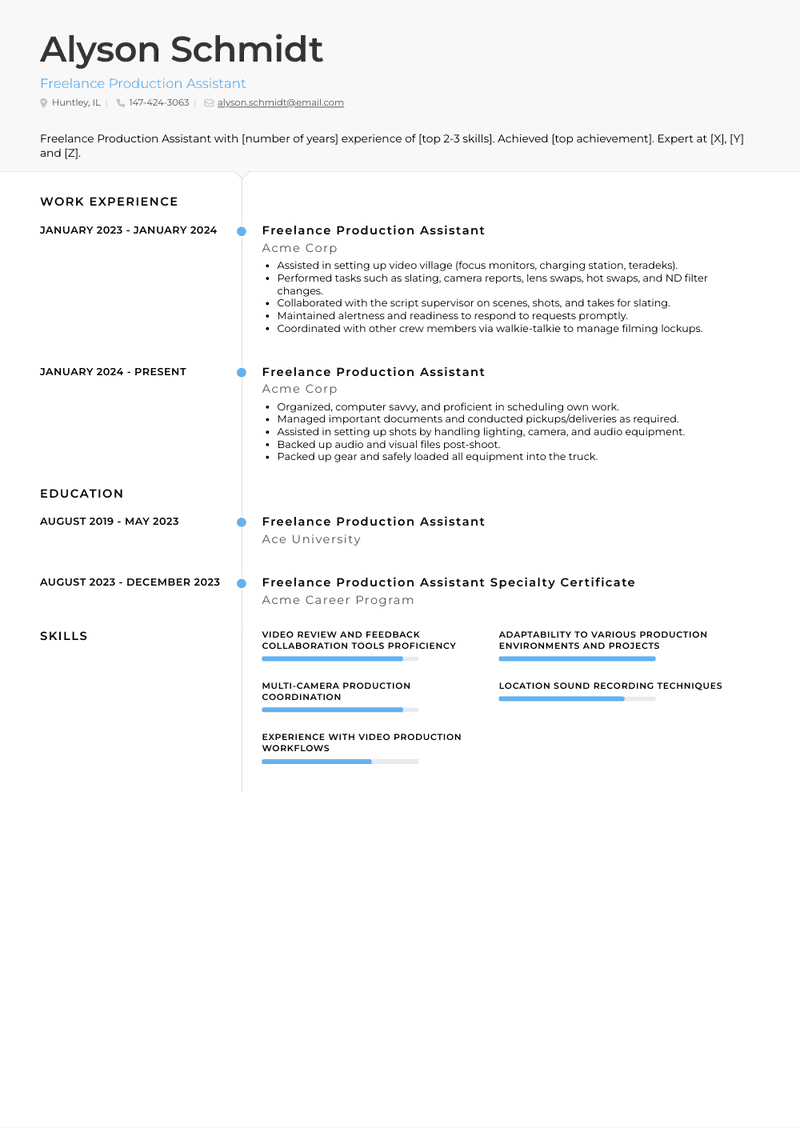 Freelance Production Assistant Resume Sample and Template