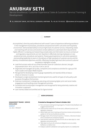 Management Trainee   Service Excellence Resume Sample and Template