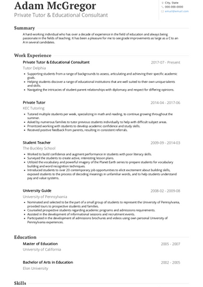 Private Tutor & Educational Consultant Resume Sample and Template